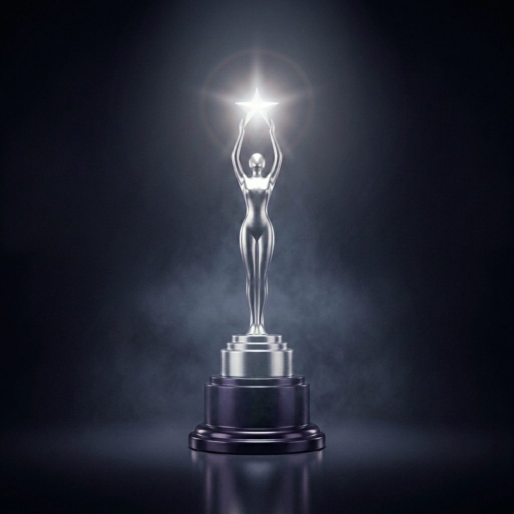 Silver award statue holding up a glowing star